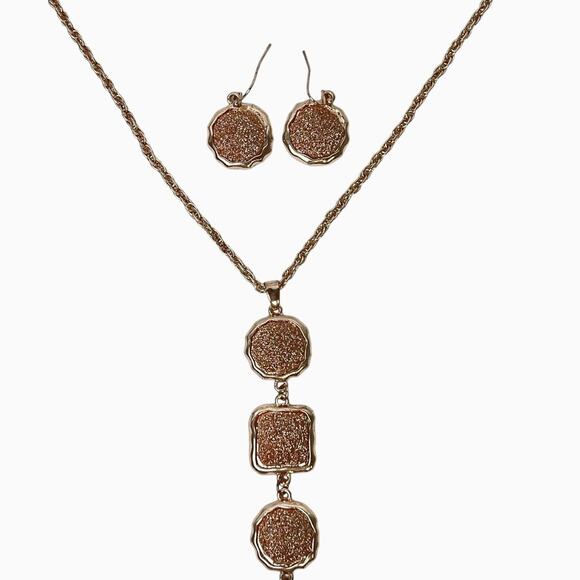 Necklace And Earrings Set Long Rose Gold Glitter Drop Pendant Tassel C 1946 - Picture 2 of 16